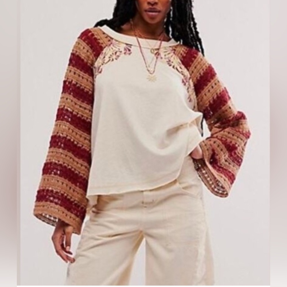 Free People Bohemian Cream and Red Women's Top